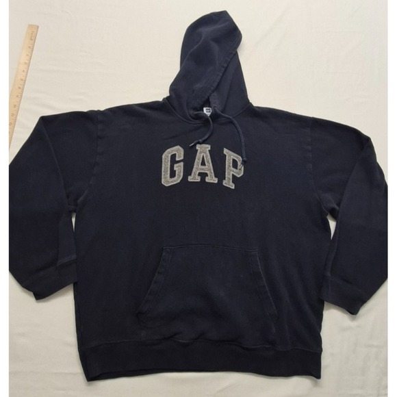 VTG Gap men's navy blue front pocket hoodie sweatshirt Gray logo XL - Picture 2 of 12